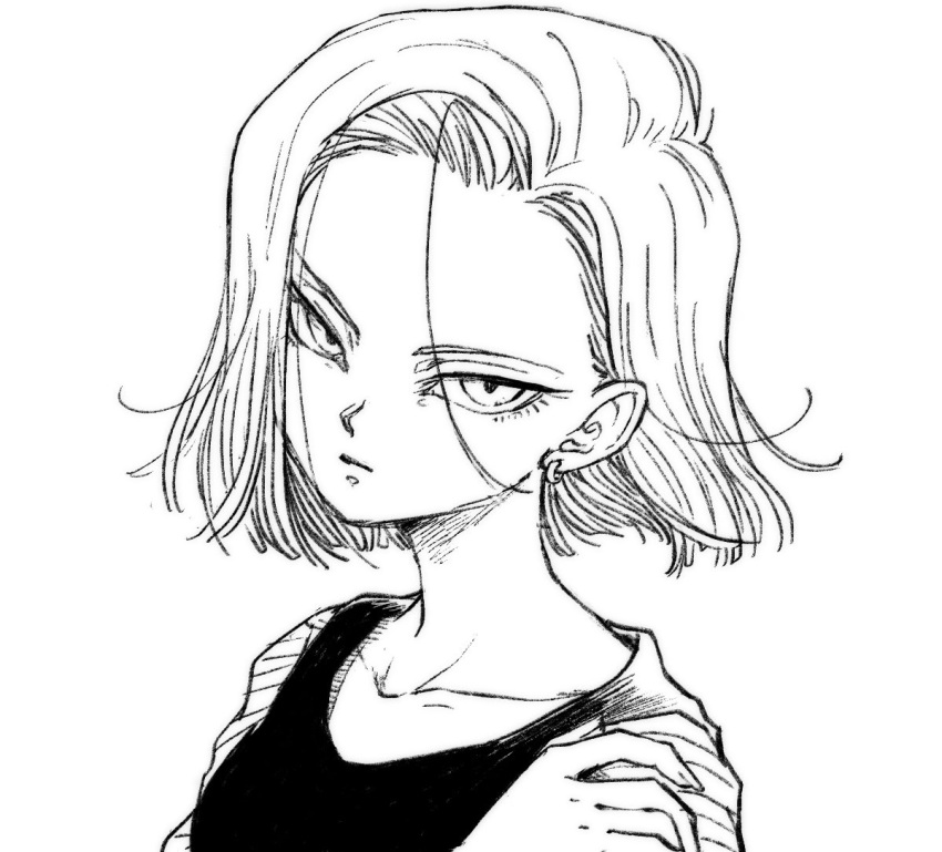 1girl android_18 bangs black_skirt closed_mouth collarbone dragon_ball dragon_ball_super dragon_ball_z earrings expressionless eyelashes face greyscale hair_behind_ear hand_on_shoulder jewelry long_sleeves looking_at_viewer medium_hair monochrome simple_background sketch skirt tkgsize white_background