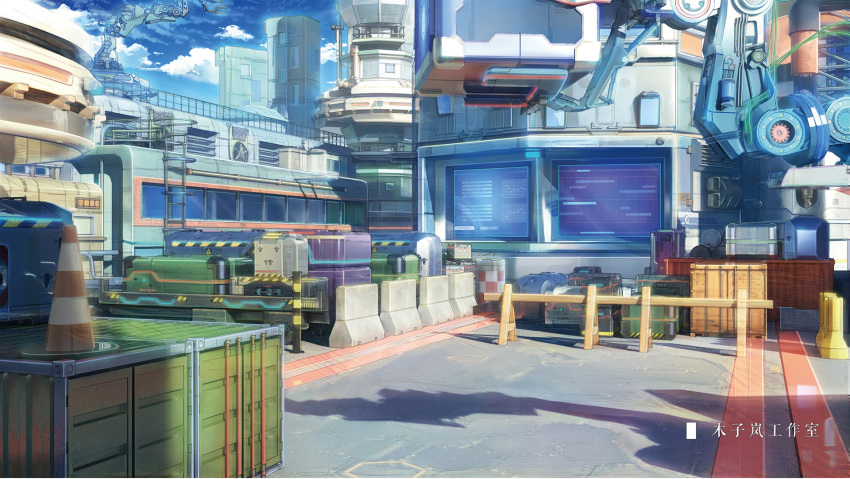 air_conditioner blue_sky building chinese_commentary chinese_text clouds commentary_request crate day highres holographic_interface industrial machine moonslanstudio no_humans original picking_up scenery science_fiction shade sky sunlight