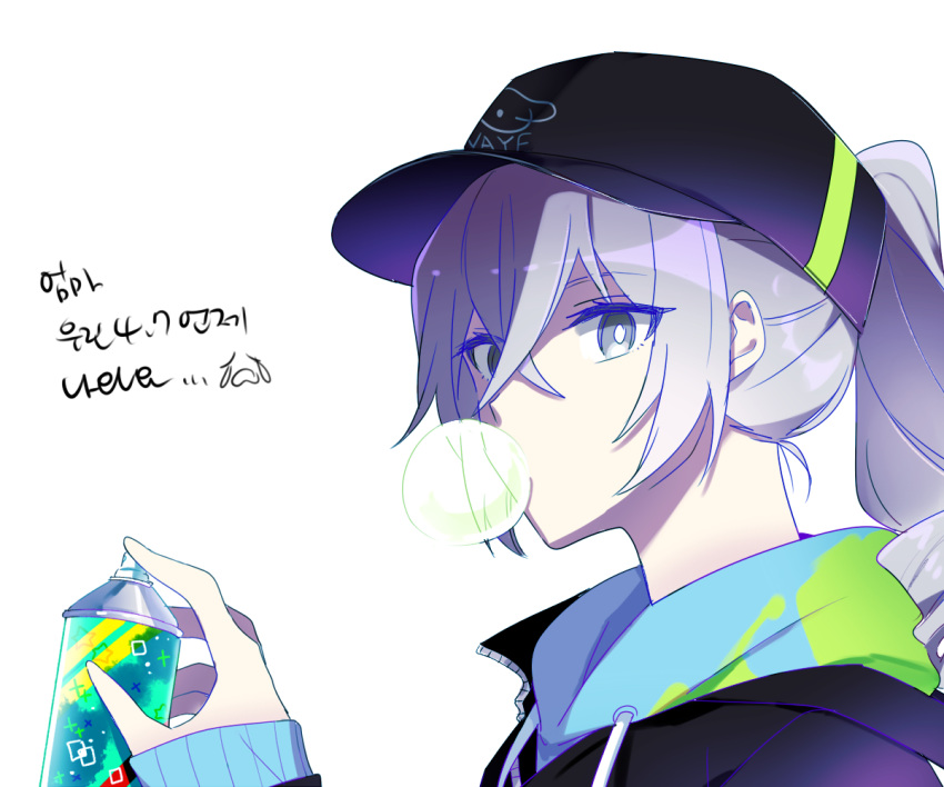 1girl 6_(yuchae) bangs baseball_cap black_jacket bronya_zaychik bubble_blowing drill_hair grey_eyes grey_hair hair_between_eyes hat holding honkai_(series) honkai_impact_3rd jacket long_sleeves looking_at_viewer ponytail simple_background solo spray_paint white_background