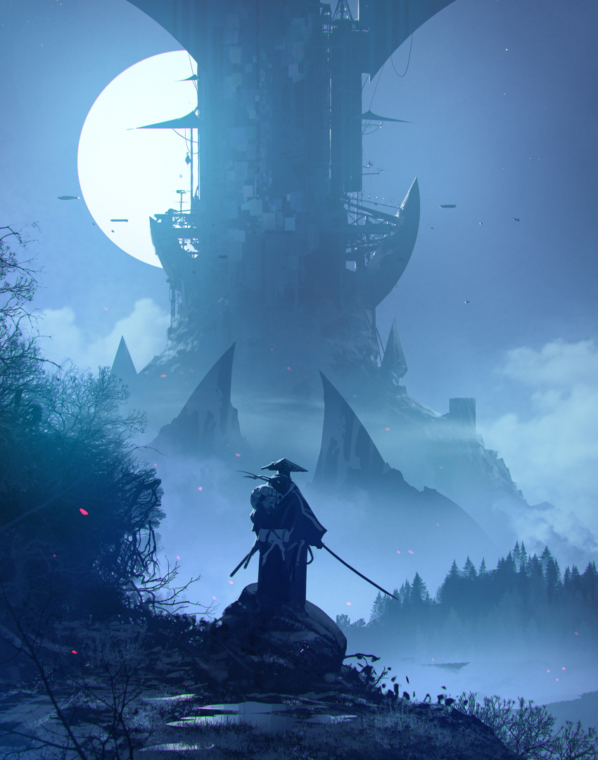 1other absurdres ambiguous_gender backpack bag clouds forest from_behind hat highres holding holding_sword holding_weapon japanese_clothes kalmahul moon nature night original outdoors scenery solo standing sword tower tree weapon