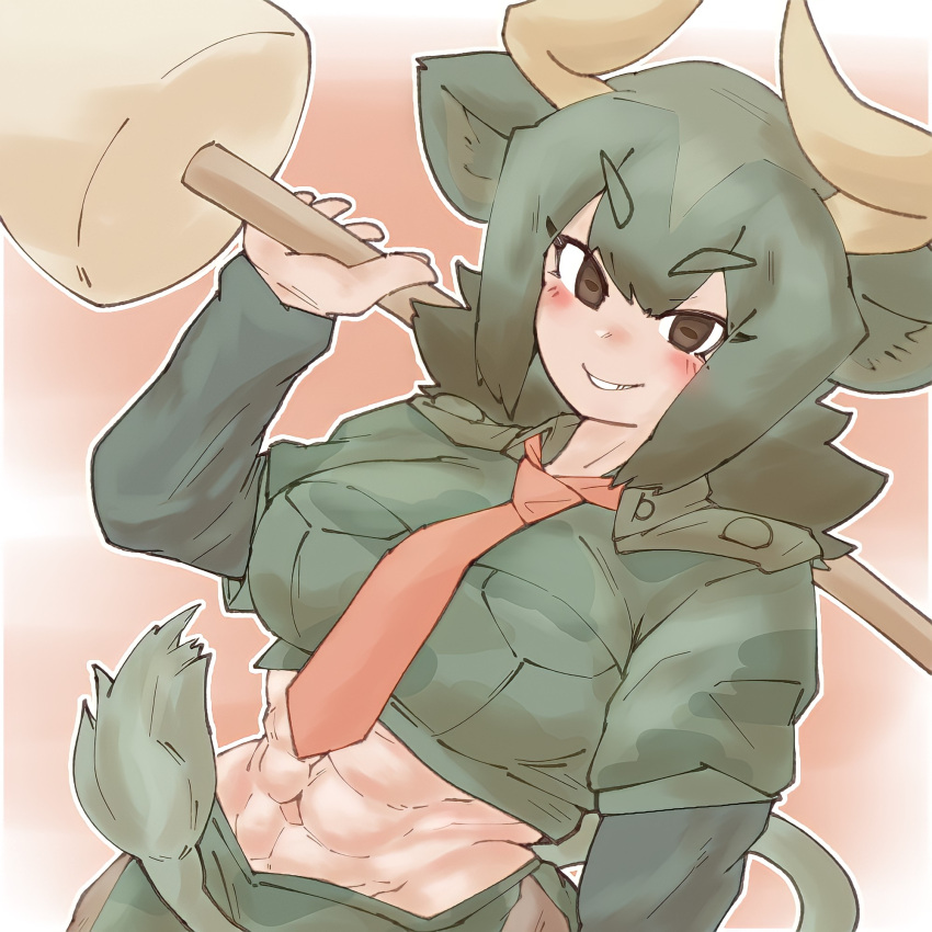 1girl abs animal_ears arm_at_side aurochs_(kemono_friends) bangs brown_eyes brown_hair camouflage camouflage_shirt cow_ears cow_girl cow_horns cow_tail cropped_shirt dutch_angle eyebrows_visible_through_hair eyelashes green_hair grin hand_up highres holding holding_weapon horizontal_pupils horns kemono_friends layered_sleeves long_sleeves looking_at_viewer medium_hair midriff multicolored_hair muscular muscular_female necktie niboshi_(niboshi_aruku) over_shoulder pantyhose parted_bangs polearm print_shirt shirt short_over_long_sleeves short_sleeves skirt smile solo stomach tail tan upper_body weapon weapon_over_shoulder