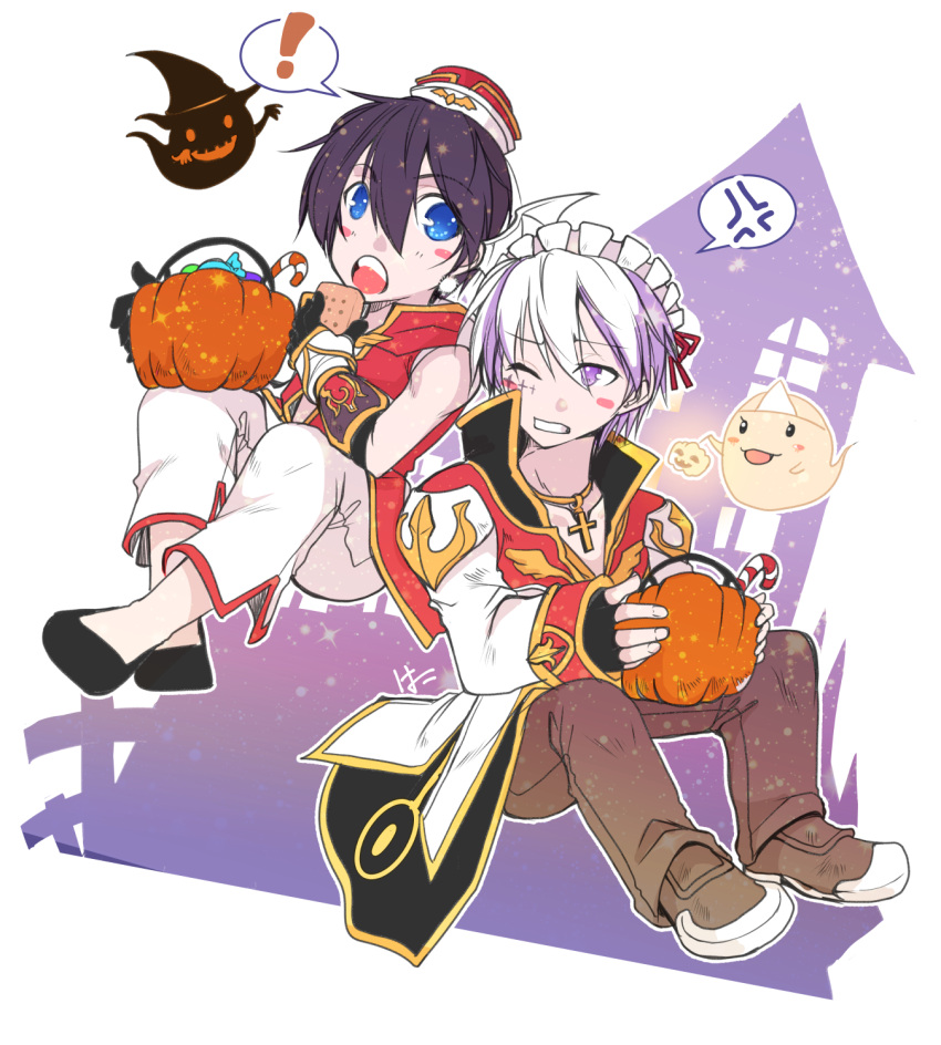 ! 2boys amase_tatsuki anger_vein bangs biretta black_coat black_footwear black_gloves black_hair blue_eyes blush_stickers brown_footwear brown_pants candy candy_cane champion_(ragnarok_online) clenched_teeth coat commentary_request cross cross_necklace eating eyebrows_visible_through_hair flame_print food full_body ghost gloves hair_ribbon halloween high_priest_(ragnarok_online) highres hooded_coat jack-o'-lantern jewelry layered_clothing light_purple_hair long_sleeves looking_at_another lude_(ragnarok_online) maid_headdress multiple_boys necklace one_eye_closed open_clothes open_coat open_mouth pants pumpkin quve_(ragnarok_online) ragnarok_online ragnarok_origin red_coat red_ribbon ribbon shoes short_hair sleeveless_coat spoken_anger_vein spoken_exclamation_mark teeth two-tone_coat two-tone_gloves violet_eyes white_coat white_gloves white_pants wrapped_candy