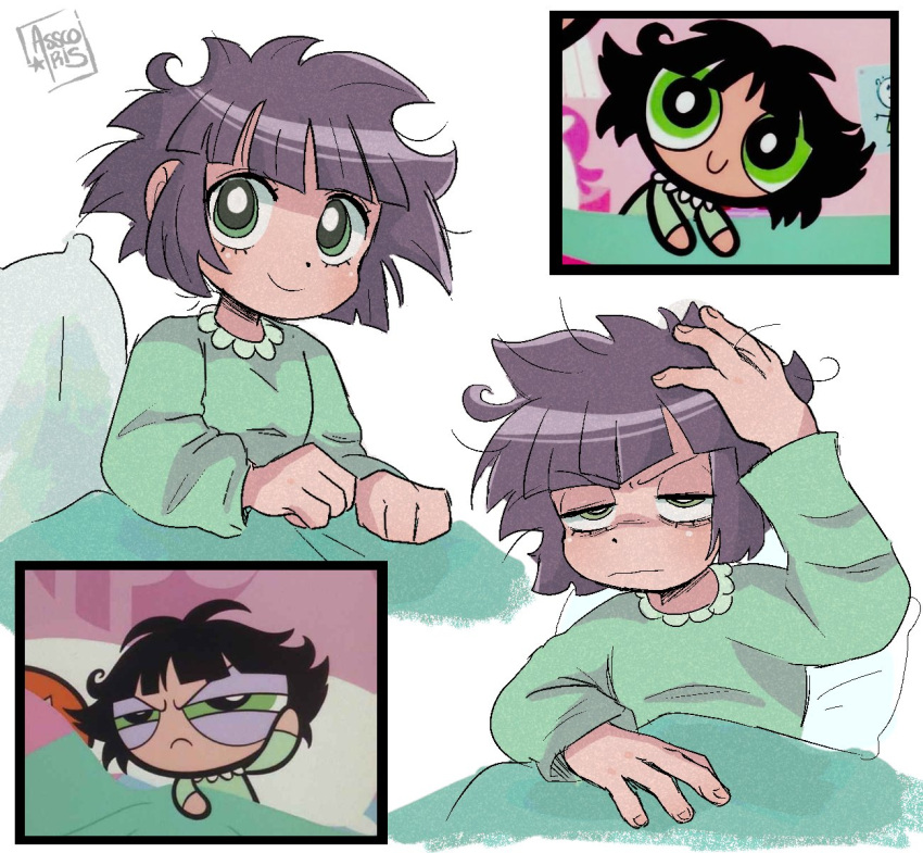 1girl :| artist_name asscoiris bed_sheet big_eyes black_hair bright_pupils buttercup_(ppg) buttercup_redraw_challenge clenched_hand closed_mouth collar commentary cowlick derivative_work english_commentary frilled_collar frills frown green_eyes green_pajamas half-closed_eyes highres looking_at_viewer messy_hair multiple_views pajamas parody pillow powerpuff_girls powerpuff_girls_z reference_inset screencap_redraw short_hair simple_background sitting smile style_parody v-shaped_eyebrows watermark white_background white_pupils