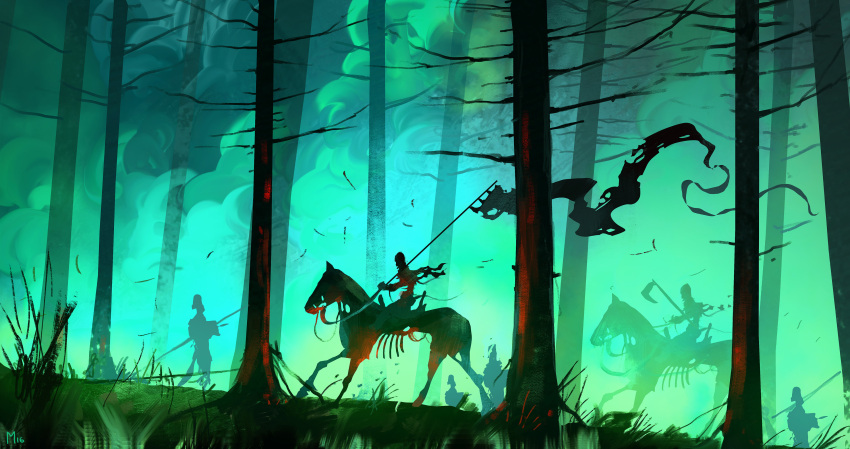 5others absurdres axe bone dominik_mayer fantasy forest from_side green_theme highres holding holding_axe horse multiple_others nature original outdoors silhouette smoke tree undead warrior