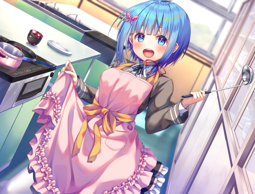 1girl :d absurdres apron apron_lift asa_no_ha_(awayuki) bangs blue_eyes blue_hair blunt_bangs blurry blush bow breasts cup depth_of_field dutch_angle eyebrows_behind_hair flower frilled_apron frills frying_pan hair_flower hair_ornament highres holding holding_ladle indoors kouhai_shoujo ladle long_sleeves looking_at_viewer medium_breasts official_art open_mouth pink_apron plate pot red_ribbon ribbon shelf short_hair sink skirt smile solo stove table teeth upper_teeth white_legwear window yellow_bow