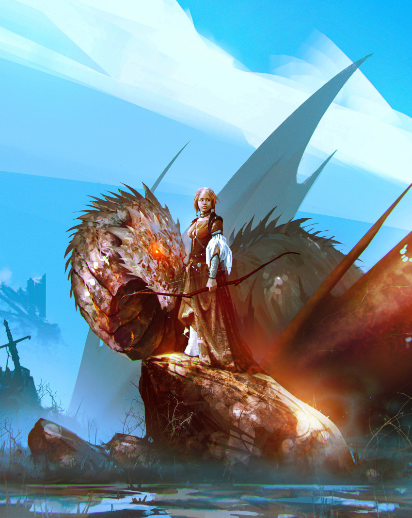 1girl absurdres blue_sky bow_(weapon) breasts brown_dress brown_hair closed_mouth day dragon dress glowing glowing_eye highres kalmahul large_breasts long_sleeves original outdoors planted planted_sword red_eyes rock scenery shiny shiny_skin short_hair sky sword weapon