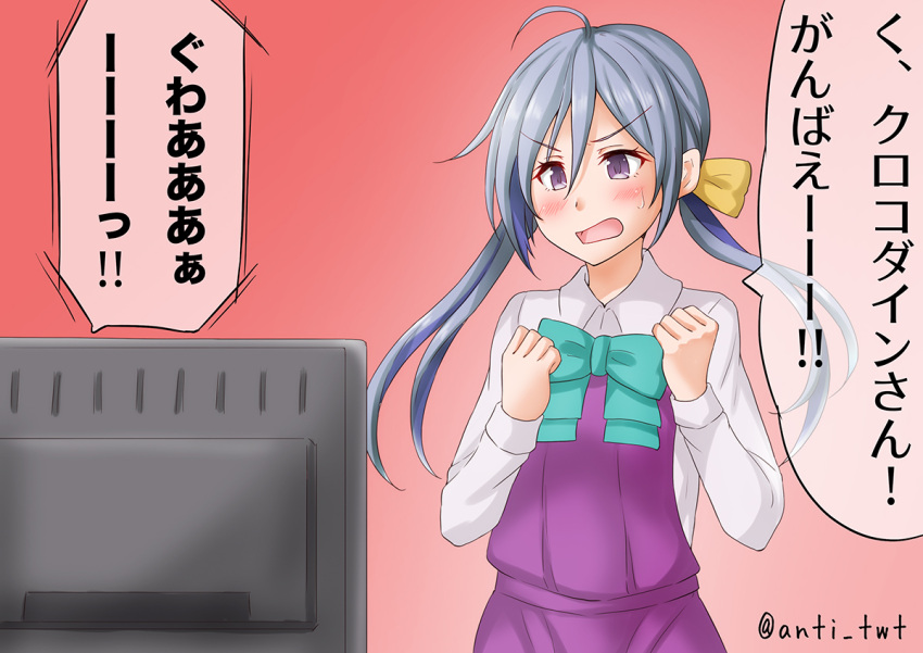 1girl ahoge anti_(untea9) blue_bow blue_bowtie blush bow bowtie commentary_request computer cowboy_shot dress dress_shirt eyebrows_visible_through_hair gradient gradient_background grey_hair hair_bun halterneck kantai_collection kiyoshimo_(kancolle) long_hair long_sleeves low_twintails one-hour_drawing_challenge open_mouth purple_dress red_background shirt solo sweatdrop twintails twitter_username violet_eyes white_shirt