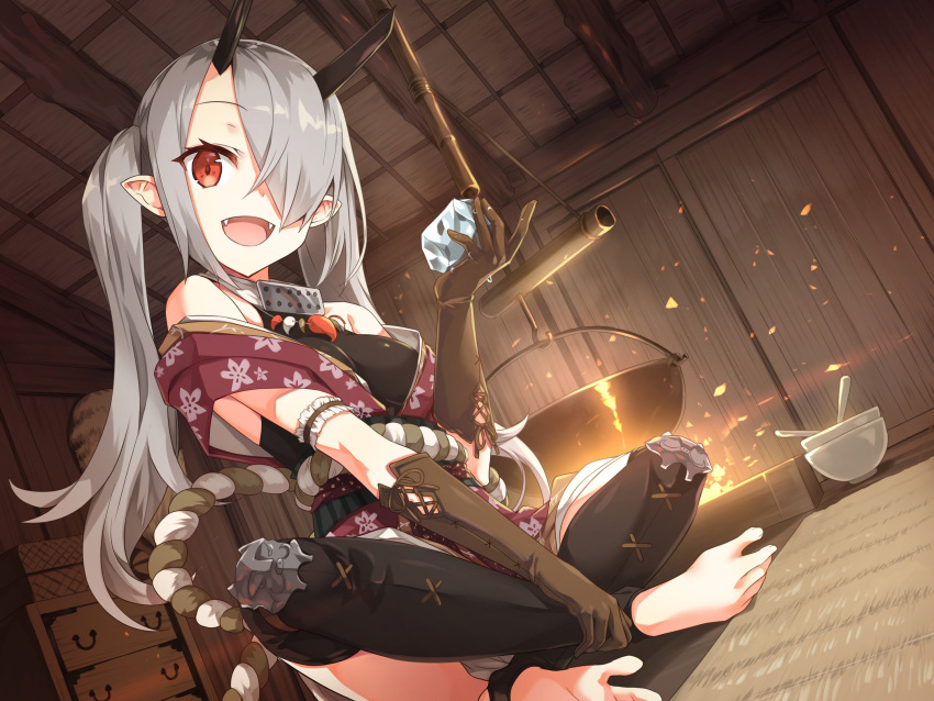 1girl :d armor ayakashi_kyoushuutan bare_shoulders barefoot breasts brown_gloves crossed_ankles cura drawer dutch_angle fangs fire from_below gloves hair_over_one_eye highres horns ice indian_style indoors jewelry long_hair looking_at_viewer medium_breasts necklace off_shoulder official_art oni oni_horns open_mouth pointy_ears pot red_eyes rug saki_(ayakashi_kyoushuutan) silver_hair sitting sleeveless smile solo twintails