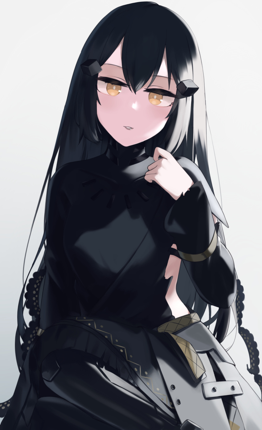 1girl absurdres bangs black_dress black_hair breasts dandelion_(girls'_frontline) dress girls_frontline highres hinami047 joints long_hair looking_at_viewer mechanical_legs medium_breasts open_mouth paradeus robot_joints sidelocks solo upper_body white_background yellow_eyes