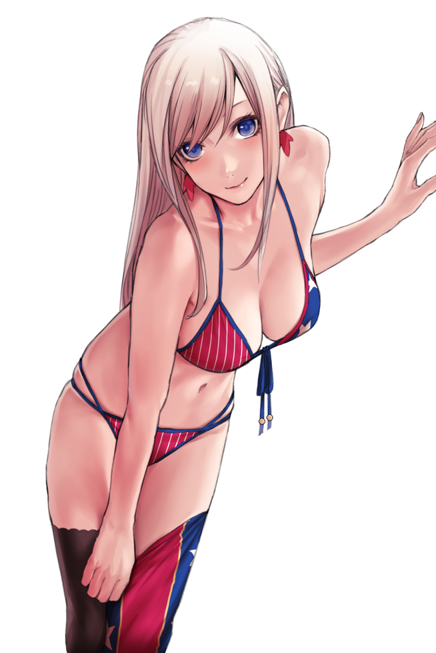 1girl american_flag_bikini applekun bangs bare_arms bare_shoulders bent_over bikini blue_eyes blush breasts closed_mouth earrings fate/grand_order fate_(series) flag_print front-tie_bikini front-tie_top hand_on_wall highres jewelry large_breasts leaf long_sleeves maple_leaf miyamoto_musashi_(fate) miyamoto_musashi_(swimsuit_berserker)_(fate) multicolored_clothes multicolored_legwear navel silver_hair simple_background smile solo standing straight_hair swept_bangs swimsuit thigh-highs thighhighs_pull white_background