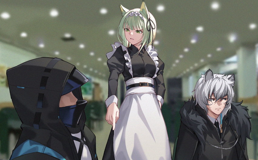 1girl 2boys animal_ears apron arknights bangs black_dress black_eyes black_jacket blurry blurry_background cat_ears chinese_commentary commentary_request cowboy_shot doctor_(arknights) dress fur_trim green_eyes highres hood hooded_jacket indoors jacket juliet_sleeves kal'tsit_(arknights) leopard_ears long_sleeves maid maid_apron maid_headdress multiple_boys nian parted_lips pointing puffy_sleeves short_hair silver_hair silverash_(arknights) standing upper_body white_apron