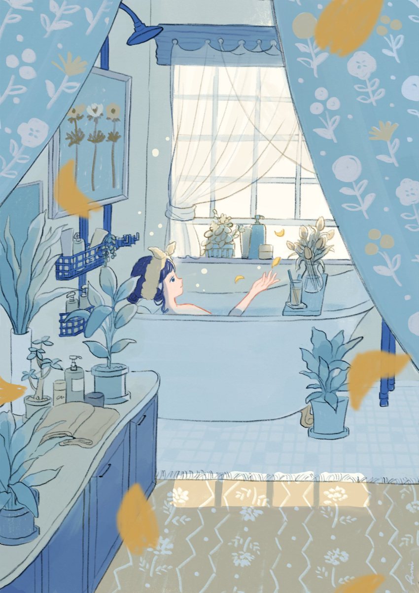 1girl bath bathing bathroom bathtub blue_hair curtains flower flowerpot fumi_futamori highres original petals plant window
