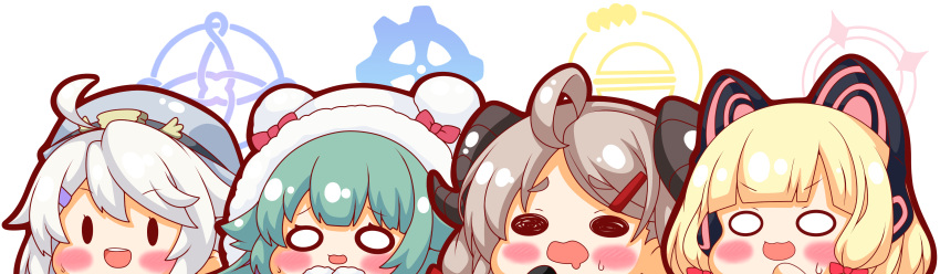 4girls :d absurdres ahoge animal_ear_headphones animal_ears animal_hood bangs blonde_hair blue_archive blush bow brown_hair character_request curled_horns drooling eyebrows_visible_through_hair fake_animal_ears fur-trimmed_hood fur_trim green_hair grey_headwear hair_ornament hairclip halo hat highres hood hood_up horns izumi_(blue_archive) kurukurumagical momoi_(blue_archive) mouth_drool multiple_girls parted_bangs red_bow simple_background smile solid_oval_eyes sweat teeth upper_teeth white_background white_hair