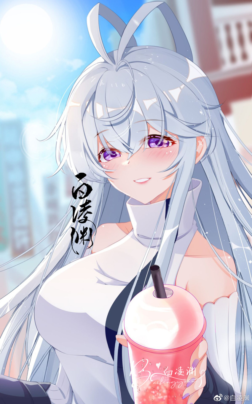 1girl blush breasts city cup douluo_dalu drinking_straw gu_yuena hair_strand highres large_breasts motherly silver_hair smile sunlight violet_eyes