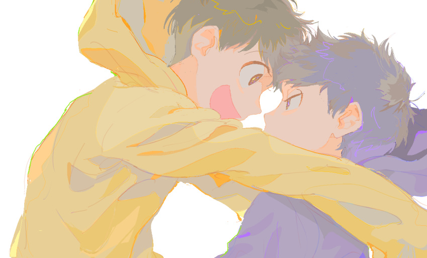 2boys :d backlighting bangs bloom brothers brown_hair close-up covered_mouth eye_contact eyebrows_visible_through_hair face-to-face glomp half-closed_eyes happy hood hood_up hoodie hug long_sleeves looking_at_another male_focus matsuno_ichimatsu matsuno_jyushimatsu multiple_boys open_mouth osomatsu-kun osomatsu-san outstretched_arms pale_color purple_hoodie qqmng siblings sideways_mouth simple_background smile upper_body violet_eyes white_background yellow_hoodie