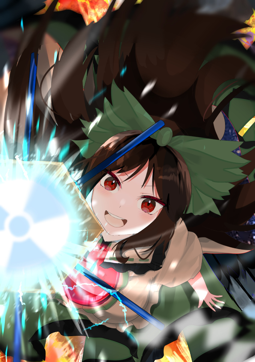1girl absurdres aiming_at_viewer arm_cannon azareo bangs bird_wings black_wings blush bow brown_hair cape collared_shirt control_rod frilled_shirt_collar frilled_skirt frills full_body green_bow green_skirt hair_bow highres long_hair looking_at_viewer open_mouth puffy_short_sleeves puffy_sleeves radiation_symbol red_eyes reiuji_utsuho shirt short_sleeves skirt smile solo third_eye touhou very_long_hair weapon white_cape white_shirt wings