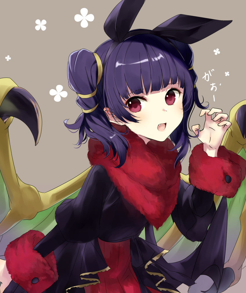 1girl animal_ears bangs black_dress black_hairband character_request claw_pose dress eyebrows_visible_through_hair fake_animal_ears fang fire_emblem fire_emblem_heroes fur-trimmed_sleeves fur_trim green_wings grey_background hairband hand_up haru_(nakajou-28) highres long_sleeves looking_at_viewer open_mouth puffy_long_sleeves puffy_sleeves purple_hair rabbit_ears red_eyes simple_background solo twintails wings
