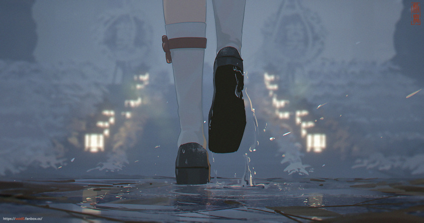 1girl backlighting english_commentary genshin_impact highres hu_tao_(genshin_impact) lantern mixed-language_commentary photoshop_(medium) puddle shoes socks solo stairs void_0 walking web_address