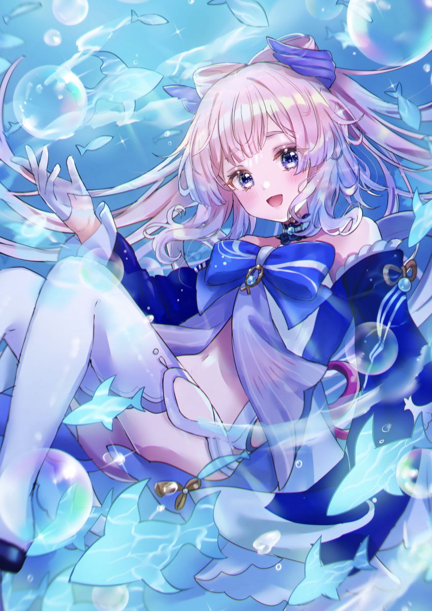 1girl absurdres bangs blue_horns blunt_bangs frilled_sleeves frills genshin_impact gloves gradient_hair half_gloves highres horns long_hair multicolored_hair open_mouth pink_hair sangonomiya_kokomi shinzousan shorts smile solo underwater violet_eyes vision_(genshin_impact) white_shorts wide_sleeves