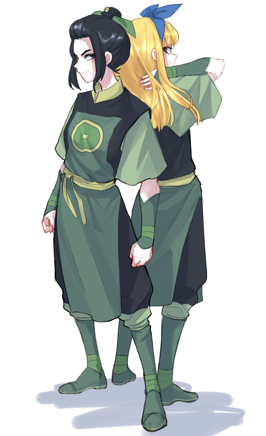 2girls absurdres avatar:_the_last_airbender avatar_(series) back-to-back bangs black_hair blue_hairband breasts bully_girl_(popopoka) character_request clenched_hands cosplay green_ribbon grey_background hair_ribbon hairband highres long_hair long_sleeves multiple_girls original popopoka ribbon shoes short_hair short_sleeves simple_background small_breasts smile standing