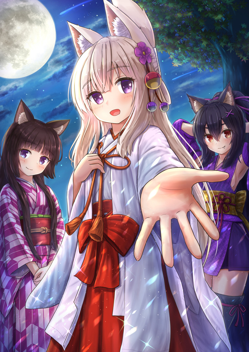 3girls :d animal_ear_fluff animal_ears armpits arms_behind_head arms_up bangs black_hair blue_eyes blush bow brown_eyes brown_hair cat_ears closed_mouth clouds commentary_request detached_sleeves eyebrows_visible_through_hair flower fox_ears full_moon hair_between_eyes hair_flower hair_ornament hairclip hakama hakama_skirt highres iroha_(iroha_matsurika) japanese_clothes kimono koyoi_(iroha_(iroha_matsurika)) kunoichi-chan_(iroha_(iroha_matsurika)) long_hair long_sleeves looking_at_viewer miko moon multiple_girls mutsuki_(iroha_(iroha_matsurika)) night night_sky obi original outdoors outstretched_arm own_hands_together ponytail print_kimono purple_flower purple_kimono purple_sleeves red_bow red_hakama sash short_kimono skirt sky sleeveless sleeveless_kimono smile tree very_long_hair violet_eyes white_kimono wide_sleeves wolf_ears x_hair_ornament yagasuri