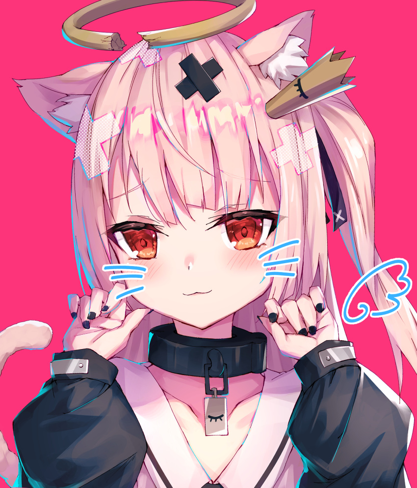 1girl :3 absurdres animal_ear_fluff animal_ears bangs black_nails blush broken_halo cat_ears cat_girl cat_tail closed_mouth collarbone crown drawn_whiskers drawn_wings dress eyebrows_visible_through_hair hair_ornament halo hands_up highres indie_virtual_youtuber long_sleeves looking_at_viewer masaki_(msk064) mini_crown nail_polish one_side_up pink_dress pink_hair puffy_long_sleeves puffy_sleeves red_background red_eyes simple_background sleeves_past_wrists solo tail tail_raised tilted_headwear tokusari_kukuri virtual_youtuber x_hair_ornament