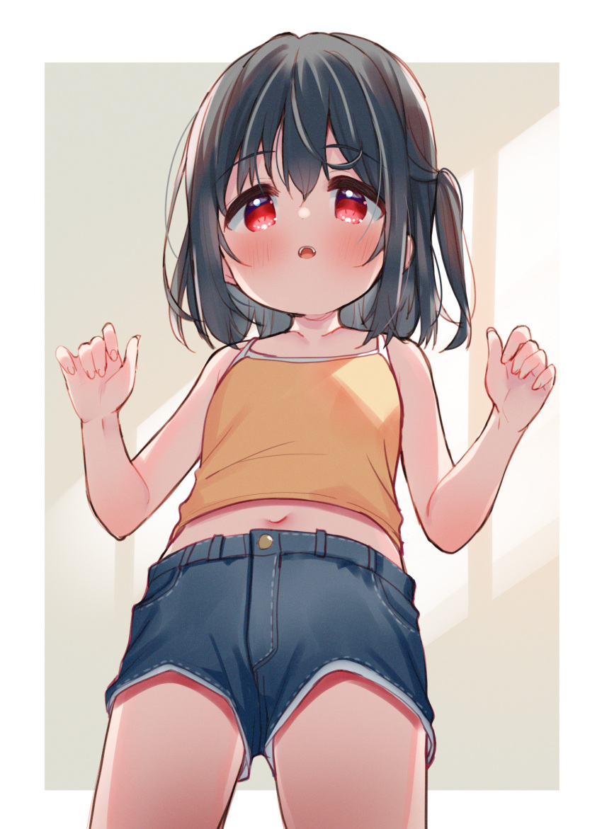 1girl :o bangs bare_arms bare_shoulders black_hair black_shorts blush camisole commentary eyebrows_visible_through_hair hair_between_eyes hands_up highres looking_at_viewer meito_(maze) midriff navel one_side_up original parted_lips red_eyes short_shorts shorts solo symbol-only_commentary yellow_camisole