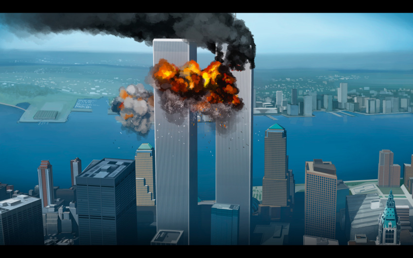9/11 america building city cityscape commentary_request day dock english_commentary explosion highres historical_event kusakabe_(kusakabeworks) landmark mixed-language_commentary new_york no_humans real_life river scenery sky skyscraper smoke twin_towers urban world_trade_center