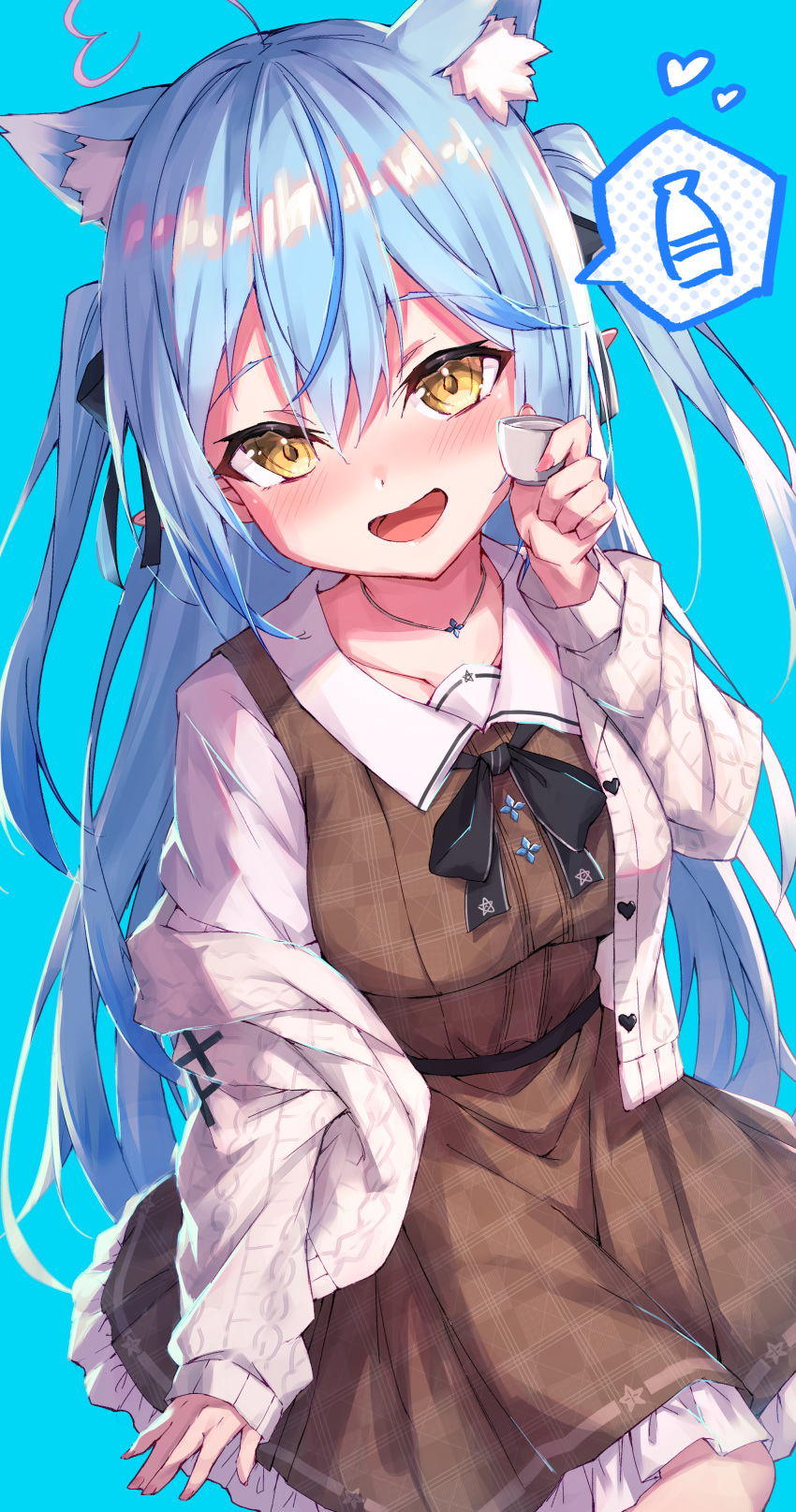 1girl :d absurdres ahoge animal_ear_fluff animal_ears bangs black_bow blue_background blue_hair blush bow breasts brown_dress brown_eyes cat_ears collarbone commentary_request cup dress eyebrows_visible_through_hair hair_between_eyes hand_up heart heart_ahoge highres holding holding_cup hololive jacket long_hair long_sleeves looking_at_viewer masaki_(msk064) medium_breasts off_shoulder open_clothes open_jacket shirt simple_background sleeveless sleeveless_dress sleeves_past_wrists smile solo tokkuri two_side_up very_long_hair virtual_youtuber white_jacket white_shirt yukihana_lamy
