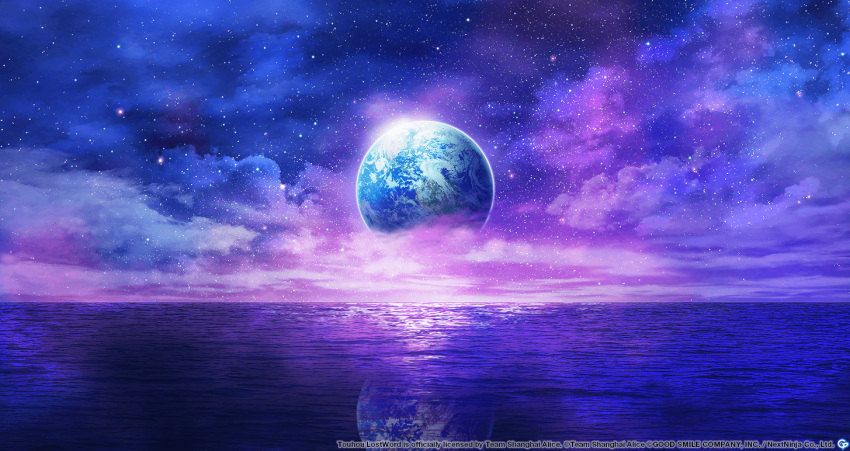 clouds cloudy_sky earth_(planet) in-universe_location no_humans ocean planet reflection reflective_water scenery sky star_(sky) starry_sky touhou touhou_lost_word