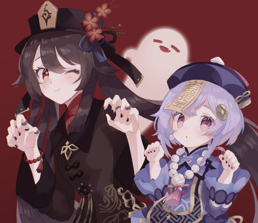 2girls bangs bead_necklace beads black_coat black_headwear blue_dress blue_headwear blush braid braided_ponytail breasts brown_hair coat coin_hair_ornament dress flower genshin_impact ghost hat hat_flower highres hu_tao_(genshin_impact) jewelry jiangshi long_hair long_sleeves looking_at_viewer meloettta multiple_girls necklace ofuda plum_blossoms purple_hair qing_guanmao qiqi_(genshin_impact) red_eyes small_breasts smile symbol-shaped_pupils twintails very_long_hair violet_eyes