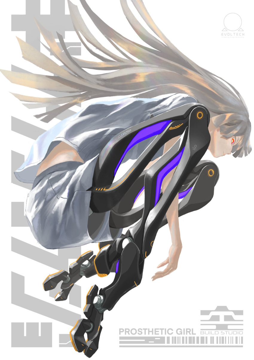 1girl airborne bangs bright_pupils deraken english_commentary expressionless flat_chest floating_hair from_side grey_hair grey_shorts highres long_hair looking_down mechanical_legs original red_eyes science_fiction shirt shorts solo very_long_hair white_pupils white_shirt