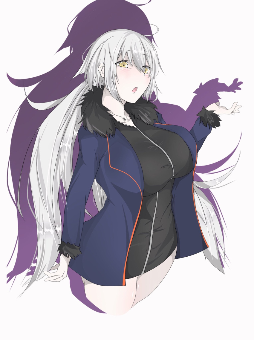 black_dress blue_coat blush breasts coat dress fate/grand_order fate_(series) highres jeanne_d'arc_(alter)_(fate) jeanne_d'arc_(fate) large_breasts long_hair looking_at_viewer open_clothes open_coat short_dress thick_thighs thighs two-sided_coat white_hair wicked_dragon_witch_ver._shinjuku_1999 yellow_eyes