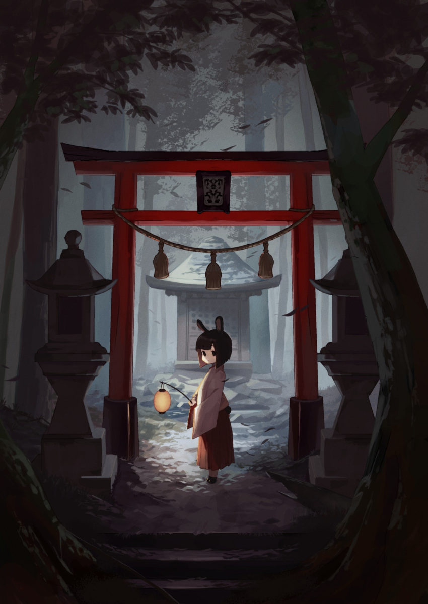 1girl absurdres animal_ears architecture bangs black_eyes black_footwear black_hair blunt_bangs commentary east_asian_architecture forest from_side hakama hakama_skirt highres holding holding_lantern japanese_clothes lantern miko nature original paper_lantern rabbit_ears rope shimenawa shirt shoes short_hair shrine skirt solo sooon stairs standing stone_lantern torii tree white_shirt