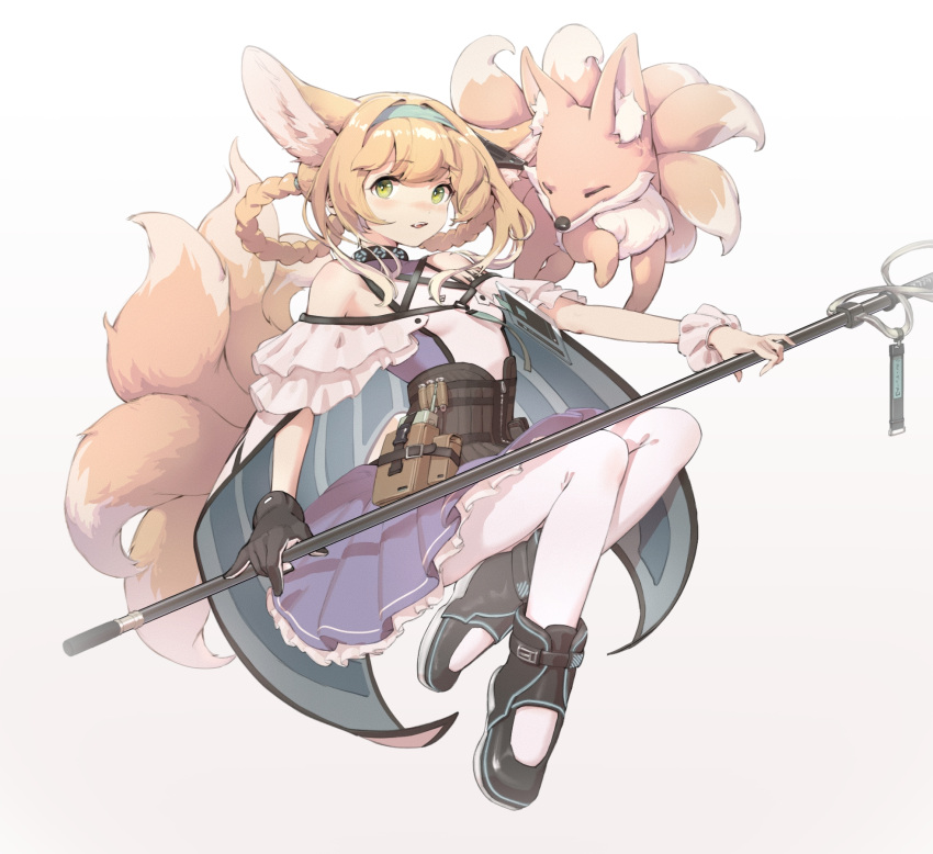 1girl animal animal_ears arknights bare_shoulders black_collar black_footwear black_gloves blonde_hair blue_dress blue_hairband blush braid brown_bag collar dress earpiece fox fox_ears fox_girl fox_tail full_body gloves green_eyes hairband highres holding holding_staff hoshimiya_kanata id_card infection_monitor_(arknights) kitsune looking_at_viewer multicolored_hair multiple_tails open_mouth oripathy_lesion_(arknights) pantyhose pouch shoes short_hair sidelocks simple_background single_glove solo staff streaked_hair suzuran_(arknights) tactical_clothes tail vest white_background white_hair white_legwear