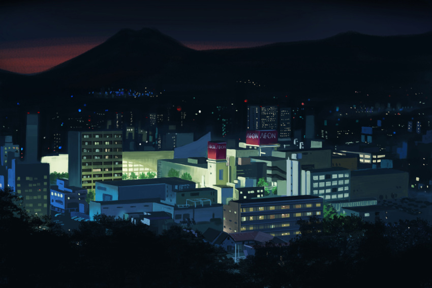 building cityscape commentary_request english_commentary english_text light mac_naut mountain night night_sky no_humans original plant scenery sky skyline town tree urban