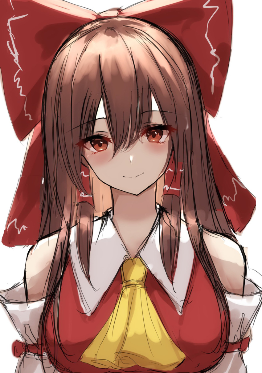 .me 1girl ascot bare_shoulders bow brown_eyes collar detached_sleeves hair_bow hair_tubes hakurei_reimu highres long_hair nontraditional_miko red_bow red_shirt ribbon-trimmed_sleeves ribbon_trim shirt sidelocks simple_background sketch sleeveless smile solo touhou unfinished white_background white_collar yellow_neckwear