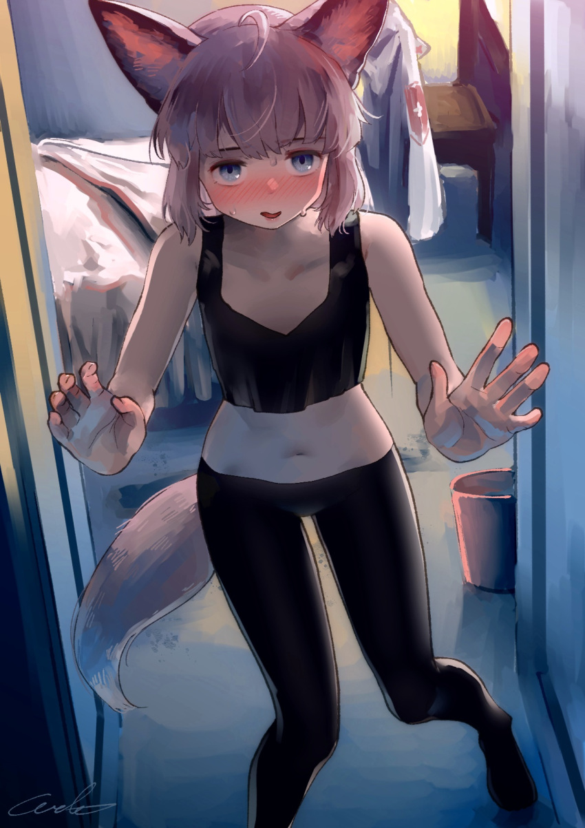 1girl ahoge animal_ears arknights bed black_legwear black_shirt blue_eyes blush brown_hair chair crop_top doorway eyebrows_behind_hair foot_out_of_frame fox_ears fox_girl fox_tail hands_up highres jacket jacket_removed looking_at_viewer midriff open_mouth pantyhose shirt short_hair solo standing sussurro_(arknights) sweatdrop tail welt_(kinsei_koutenkyoku) white_jacket