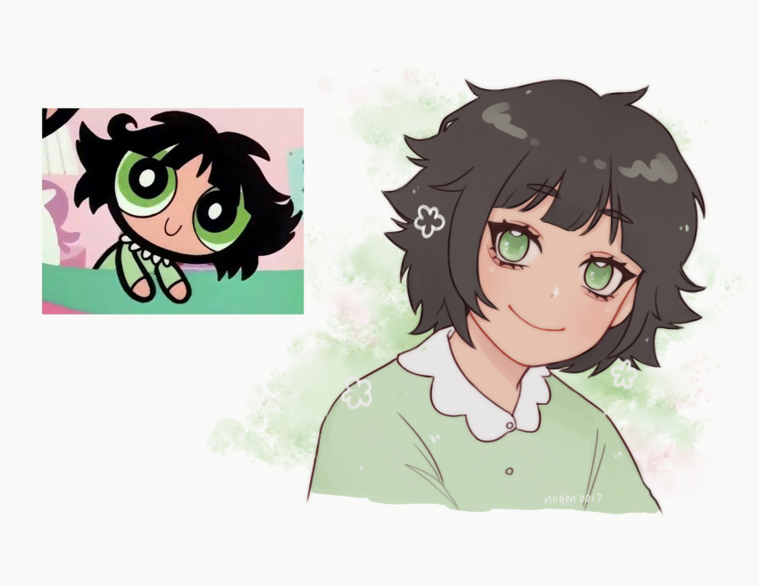 1girl absurdres black_hair buttercup_(ppg) buttercup_redraw_challenge closed_mouth derivative_work green_eyes green_shirt head_tilt highres looking_at_viewer medium_hair messy_hair mugen0017 powerpuff_girls reference_inset screencap_redraw shirt signature smile solo upper_body