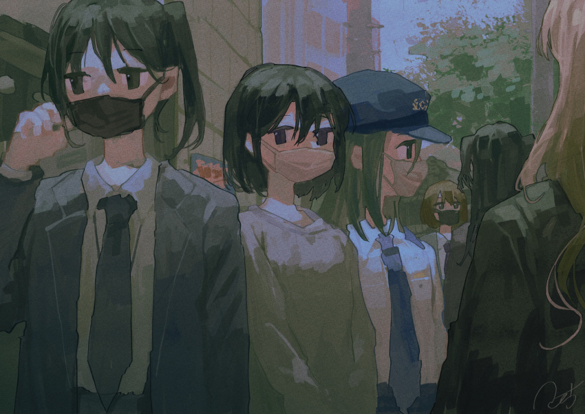 6+girls black_hair black_jacket black_necktie blue_necktie brown_eyes brown_hair brown_sweater building city collared_shirt commentary hat highres jacket long_hair looking_at_viewer mask mouth_mask multiple_girls necktie one_side_up original outdoors police_hat potg_(piotegu) shirt short_hair suit_jacket surgical_mask sweater two_side_up white_shirt