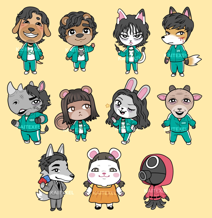4girls 6+boys :&lt; abduil_ali angry animal_crossing artist_name bangs bear_boy black_hair bleeding blood blush_stickers brown_background brown_eyes brown_hair cat_girl cho_sang-woo dog_boy envelope fox_boy furry furry_female furry_male goat_boy gong_yoo green_jacket green_pants grin hamster_girl han_mi-nyeo hand_in_pocket heart heart-shaped_pupils highres holding holding_envelope holding_knife hood hood_up horns injury jacket jang_deok-su jewelry ji_yeong kai_texel knife long_hair long_sleeves looking_at_another looking_at_viewer low_twintails messy_hair multiple_boys multiple_girls necklace numbered octopus_boy oh_il-nam open_clothes open_jacket pants rabbit_girl red_jacket rhinoceros_boy robot_(squid_game) sae-byeok scar seong_gi-hun shirt shoes short_hair simple_background single_horn smile squid_game squirrel_girl star_(symbol) symbol-shaped_pupils teeth twintails upper_teeth watermark white_shirt wolf_boy worker_(squid_game)