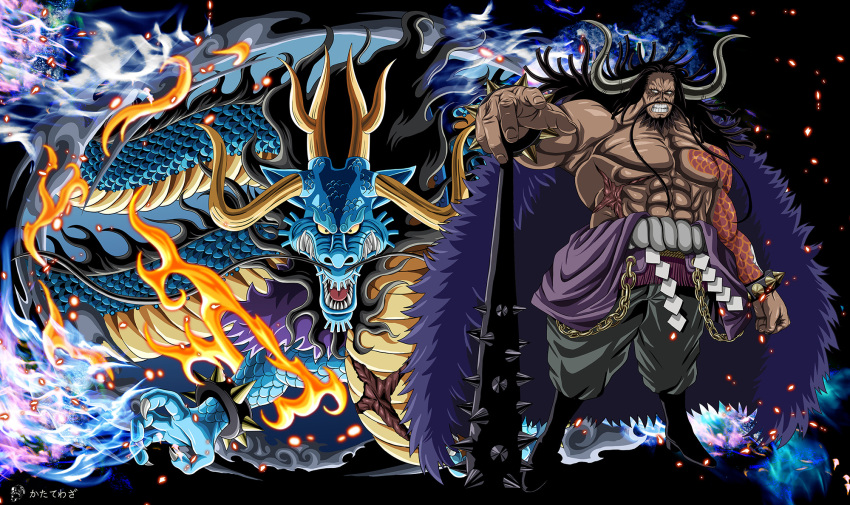 1boy abs black_hair bracelet clothes_down cross_scar dark-skinned_male dark_skin dragon dragon_boy dragon_horns frown full_body highres holding holding_weapon horns japanese_clothes jewelry kaidou_(one_piece) kimono konbanwa01 large_pectorals long_hair male_focus monsterification muscular muscular_male navel no_nipples one_piece pectorals planted purple_kimono scales scar scar_on_stomach solo_focus spiked_bracelet spikes spoilers topless_male weapon