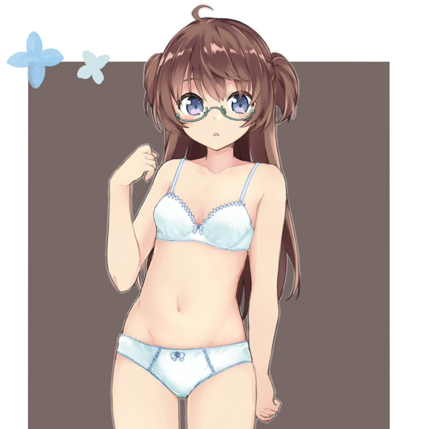 1girl ahoge amemiya_sekira bangs bare_arms bare_shoulders blue_eyes blue_flower blush bow bow_bra bow_panties bra brown_background brown_hair collarbone commentary_request cowboy_shot eyebrows_visible_through_hair flower glasses green-framed_eyewear hair_between_eyes hand_up highres long_hair looking_at_viewer navel original panties parted_lips sekira_ame semi-rimless_eyewear solo two-tone_background two_side_up under-rim_eyewear underwear very_long_hair white_background white_bra white_panties