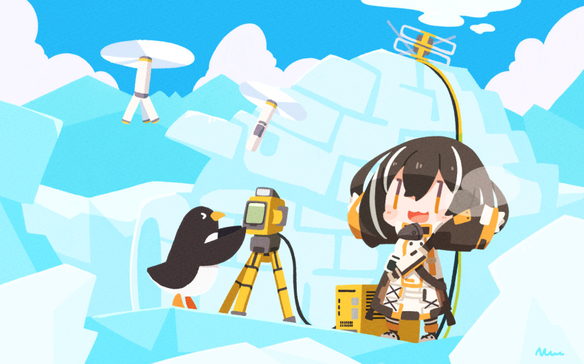 &gt;_&lt; 1girl :3 arknights arms_up bangs bird black_hair blush_stickers breath chibi clouds coat day drone hair_between_eyes highres igloo magallan_(arknights) mask mask_around_neck multicolored_hair nuu_(nu-nyu) open_mouth orange_eyes outdoors penguin signature sky snow snow_shelter standing theodolite white_hair
