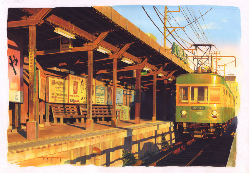 billboard cable clouds commentary_request day enoshima_electric_railway ground_vehicle highres light no_humans original plant railroad_tracks scenery seat shade shonan211 sky sunlight train train_station trash_can