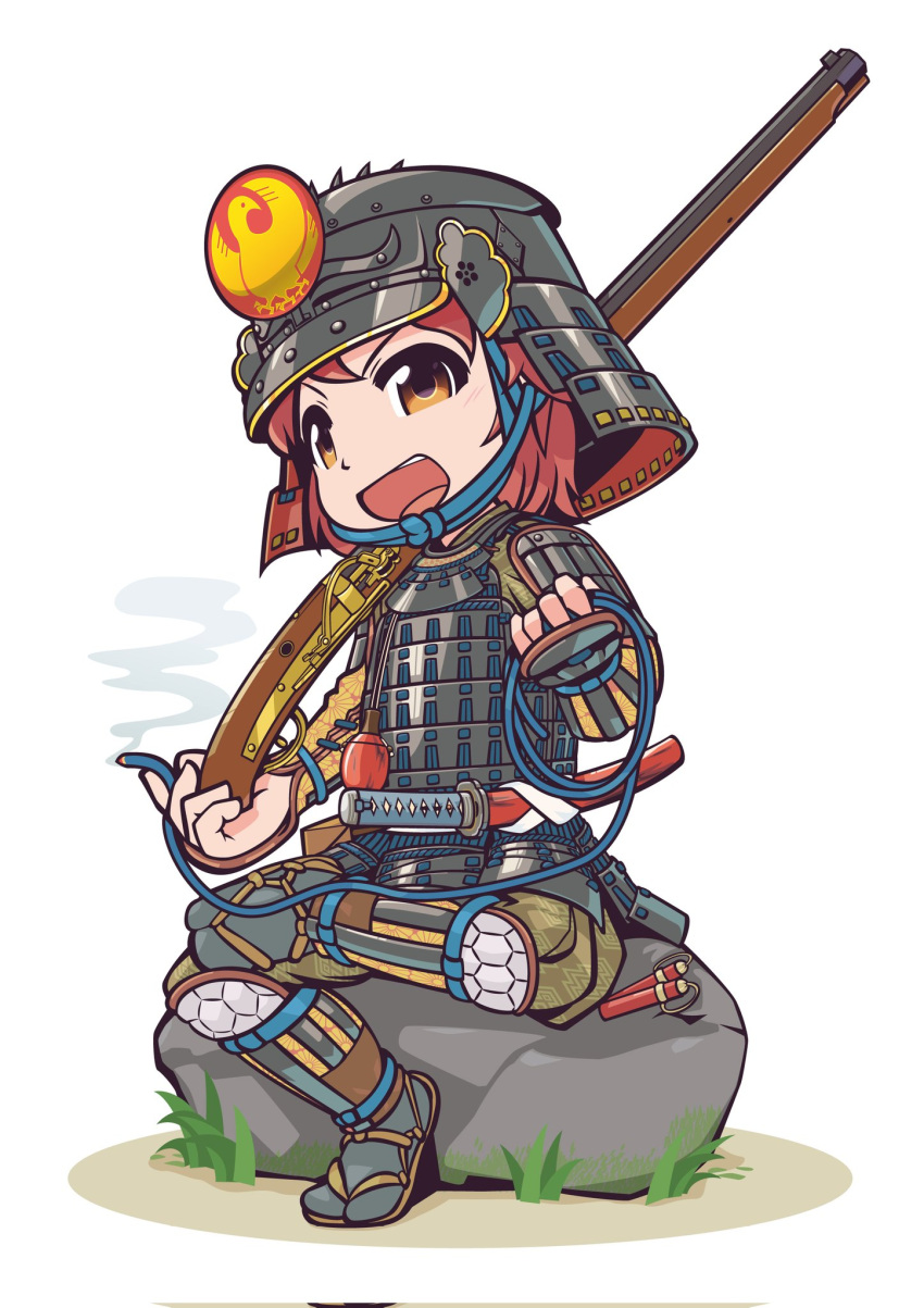 1girl :d aka-kabuto_no_gema armor bangs full_body gun helmet highres holding holding_gun holding_weapon japanese_armor kabuto katana looking_at_viewer musket open_mouth original redhead samurai shears short_hair simple_background sitting smile solo stone sword v-shaped_eyebrows weapon white_background yellow_eyes