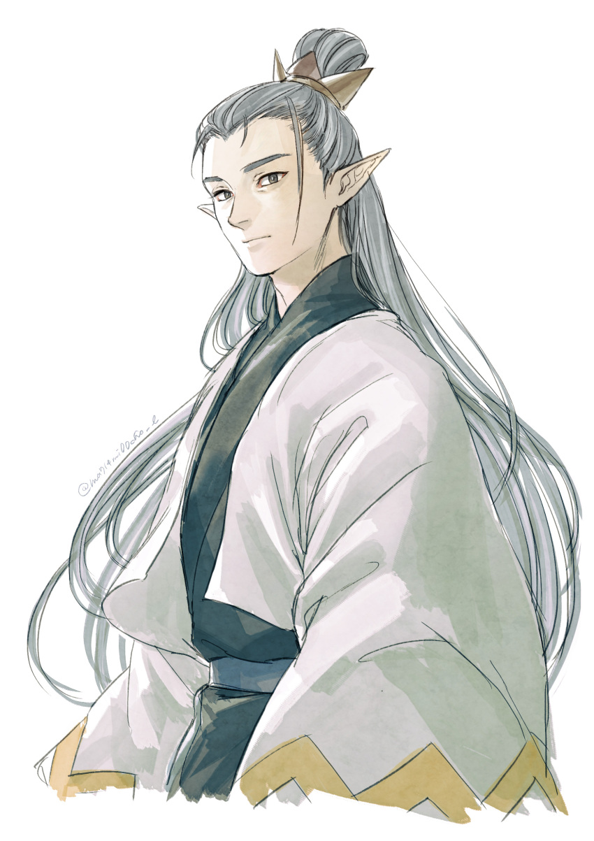 1boy absurdres grey_hair hair_bun highres lanxi_zhen long_hair long_sleeves looking_at_viewer micho pan_jing_(the_legend_of_luoxiaohei) pointy_ears simple_background solo the_legend_of_luo_xiaohei upper_body very_long_hair white_background
