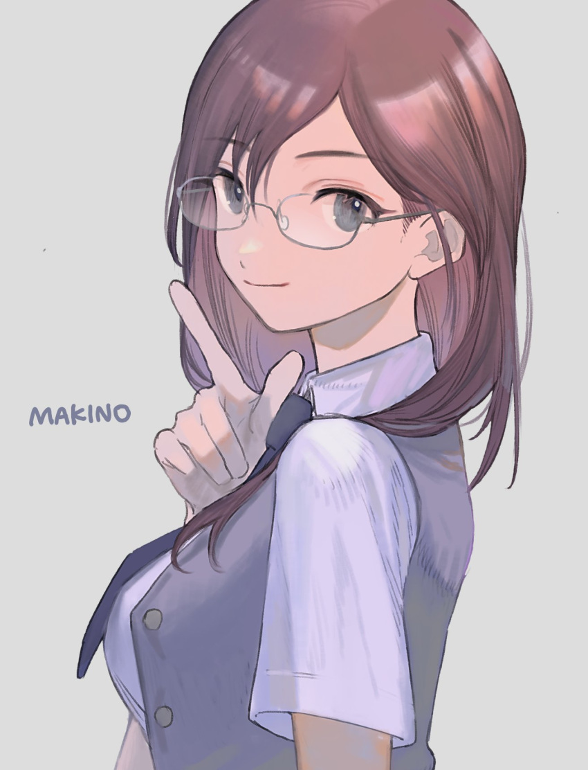 1girl breasts character_name eyebrows_visible_through_hair finger_gun fujie-yz glasses grey_background highres idolmaster idolmaster_cinderella_girls looking_at_viewer looking_to_the_side medium_breasts necktie purple_hair school_uniform short_sleeves simple_background smile solo upper_body yagami_makino