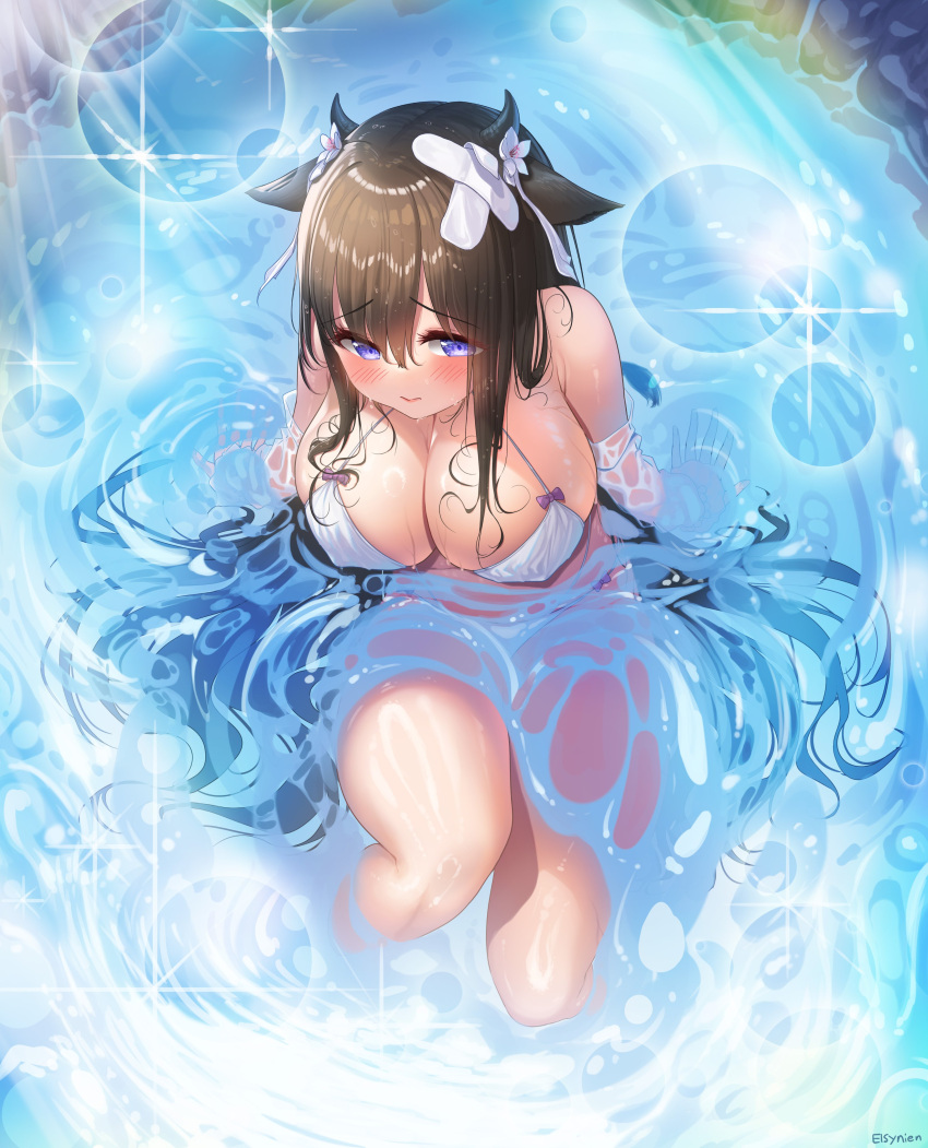 1girl absurdres animal_ears azur_lane bandaid bandaid_on_head bikini breasts brown_hair cow_ears cow_girl cow_horns cow_tail criss-cross_halter crossed_bandaids elsynien eyebrows_visible_through_hair flower from_above hair_flower hair_ornament halterneck highres horns kashino_(azur_lane) kashino_(hot_springs_relaxation)_(azur_lane) large_breasts long_hair looking_at_viewer looking_up multi-strapped_bikini official_alternate_costume solo swimsuit tail very_long_hair violet_eyes water white_bikini white_flower