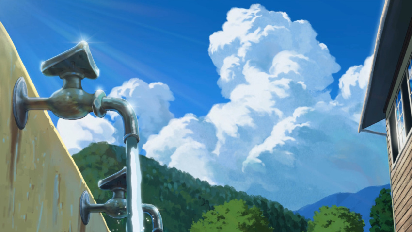 blue_sky building clouds commentary_request day forest mac_naut mountain nature no_humans original plant scenery sky sunlight tree water water_pipe window